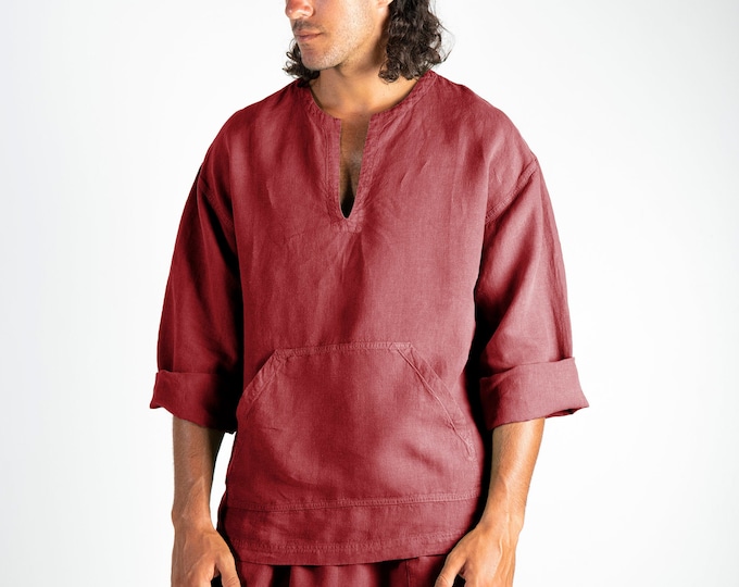 Linen Shirt For Men with Kangaroo Pockets ANCIENT RED Long Sleeve Relaxed Fit Classic Summer Wear T-shirt Hippie Boho Beach Wear