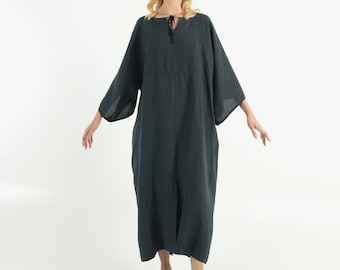 Soft Linen Dress/caftan MYSTIQUE Anthracite BLACK pure linen caftan. Oversized loose fit. ONESIZE. Simple, contemporary, comfortable.