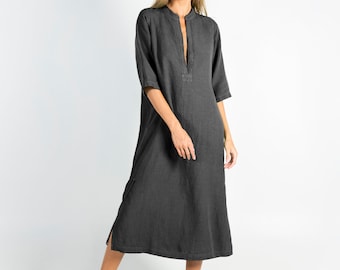 Soft Linen Dress JASMINE. Anthracite BLACK.  Pure soft linen. Middle length. Half sleeves.