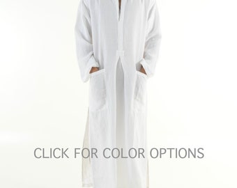 Men’s Linen Kaftan Long Sleeve Loose Fit Side Split Thobe with Pocket Casual Loungewear Spa Lightweight Tunic Moroccan Robe. SPA MAN