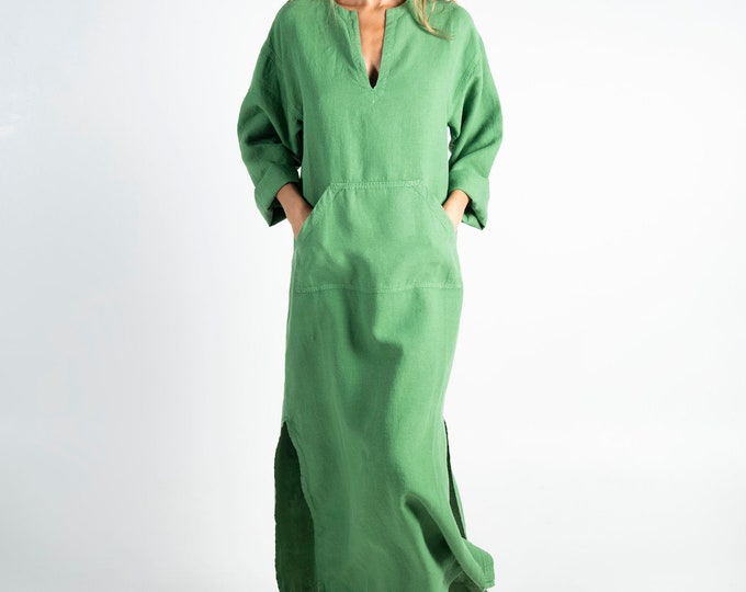 Linen caftan/dress for woman.JEFF caftan. Roman GREEN. Pure pre washed linen kaftan for women with front pocket. Unique, minimal design.