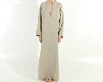 Linen clothing. EMMA long dress. NATURAL beige long linen shirtdress. Simple, elegant, cool caftan.