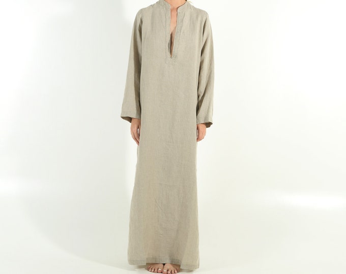Linen clothing. EMMA long dress. NATURAL beige long linen shirtdress. Simple, elegant, cool caftan.