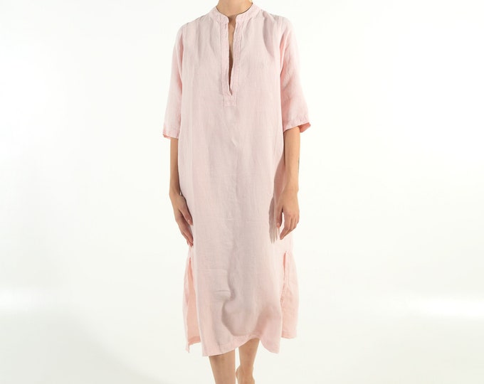 Classic Linen Dress ROSE PINK Mid Length Half Sleeve Stylish Elegant Minimal Summer Work Casual Outfit Vegan Clothing Her