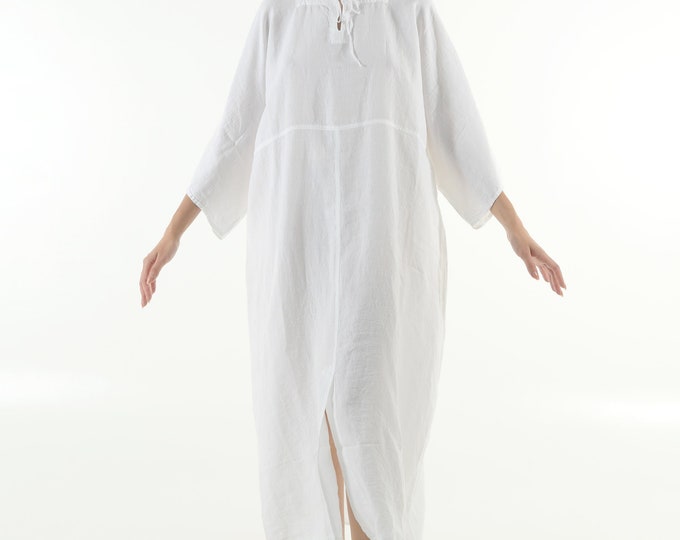 Summer linen clothing for women. MYSTIQUE Bright WHITE pure linen caftan. Oversized loose fit. ONESIZE. Simple, contemporary, comfortable.