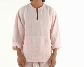 Linen Shirt For Men with Kangaroo Pockets ROSE PINK Long Sleeve Relaxed Fit Classic Summer Wear T-shirt Hippie Boho Beach Wear
