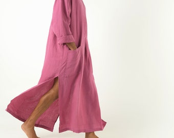 Men’s Linen Kaftan GRAPES PURPLE  Long Sleeve Loose Fit Side Split Thobe with Pocket Casual Loungewear Spa Lightweight Tunic Moroccan Robe