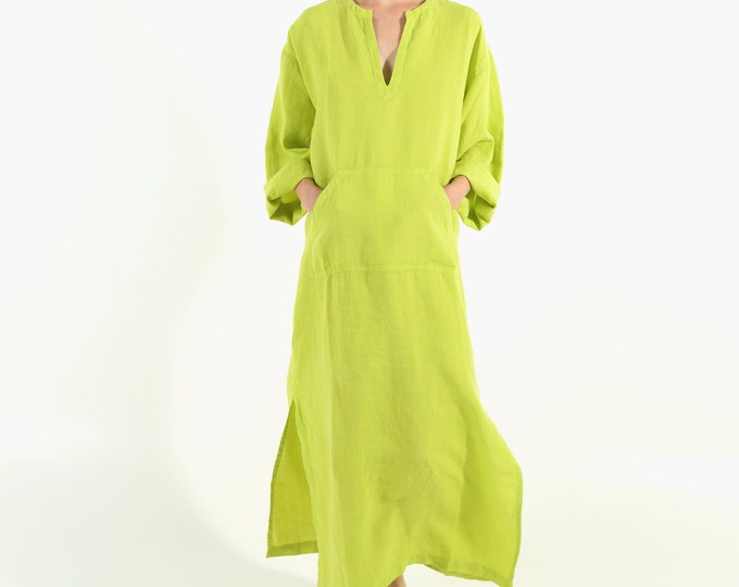 Linen kaftan/dress for woman.JEFF caftan. Lime GREEN. Soft linen kaftan for women with front pocket. Unique, simple, comfortable.