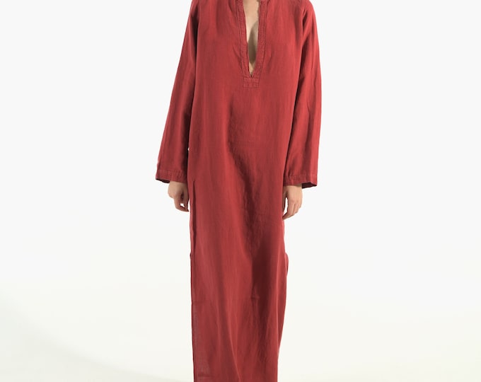 Long Linen Dress EMMA. Ancient RED long linen shirtdress. Simple, elegant, cool caftan.