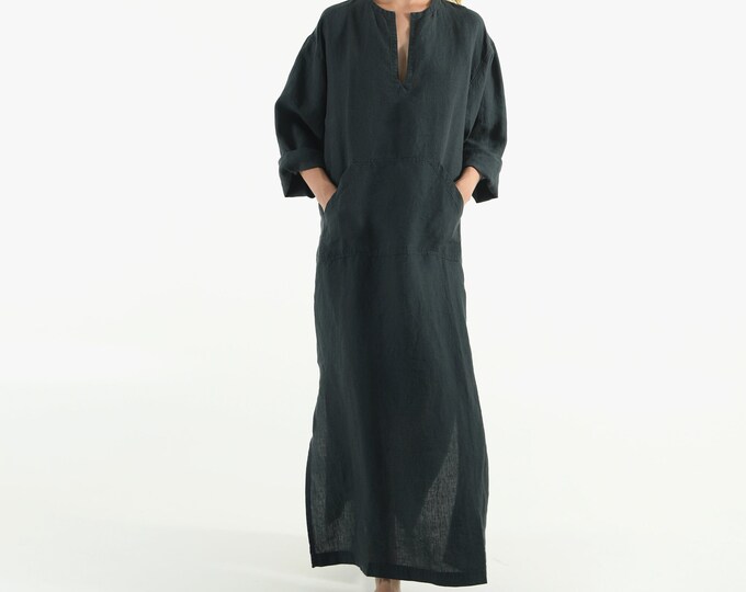 Linen kaftan/dress for woman.JEFF caftan. Anthracite BLACK. Soft linen kaftan for women with front pocket. Unique, simple, comfortable.