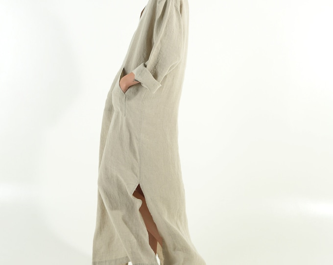 Linen caftan/dress for woman.JEFF caftan. NATURAL beige. Soft linen kaftan for women with front pocket. Unique, simple, comfortable.