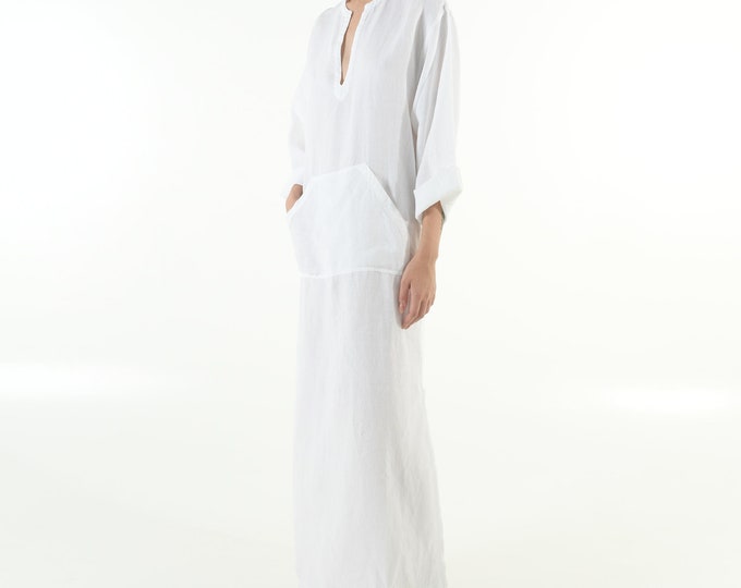 White Linen caftan/dress for woman.JEFF caftan. Soft linen kaftan for women with front pocket. Unique, simple, comfortable.