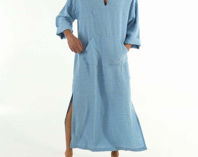 Linen MAN caftan/dress. CLASSICO. Glacier BLUE pure linen tunic for men. Ultra soft 100% linen.