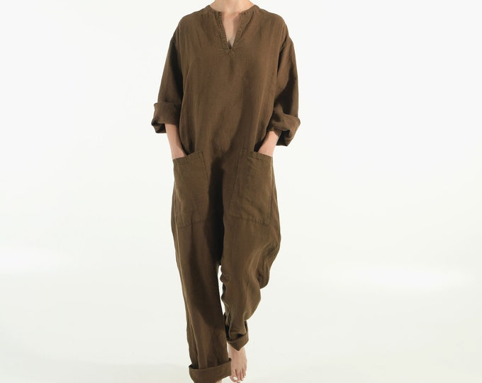 Linen Jumpsuit with Pockets COCOA BROWN Oversized Long Overall One Piece Maxi Romper Casual Baggy Modern Outgoing Streetwear