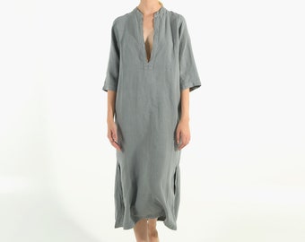 Classic Linen Dress SAGE GREY Mid Length Half Sleeve Stylish Elegant Minimal Summer Work Casual Outfit Vegan Clothing Her