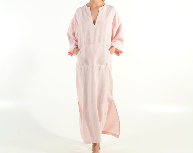 Linen kaftan/dress for woman.JEFF caftan. Rose PINK. Soft linen kaftan for women with front pocket. Unique, simple, comfortable.