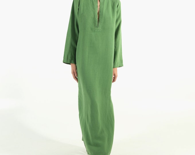 Long Linen Dress EMMA. Roman GREEN long linen shirtdress. Simple, elegant, cool caftan.