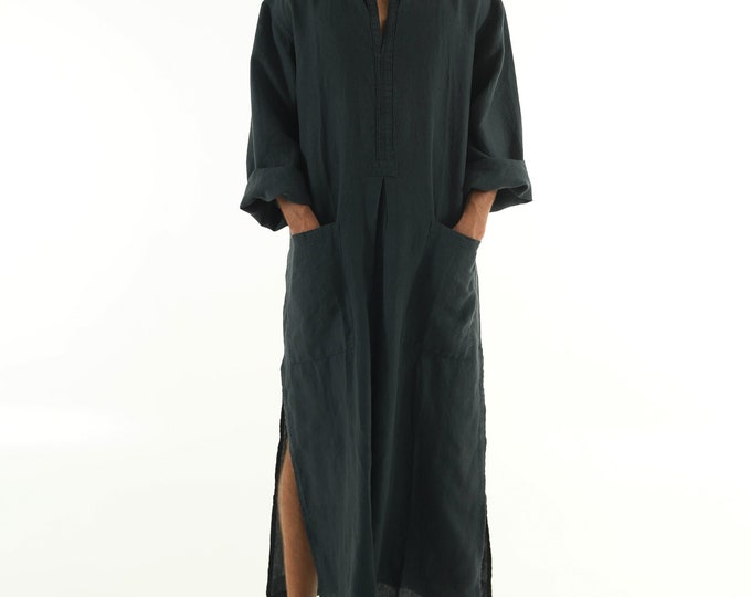 Linen Kaftan SPA MAN.  Anthracite BLACK cool, loose fit tunic for men. Pure soft quality linen.