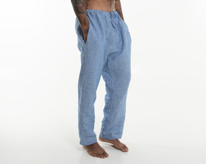 Striped Blue Linen Men's Pants | Tailored Fit Casual Trousers for Versatile Comfort | Takiyu LoungewearTAKIYU MAN PANTS