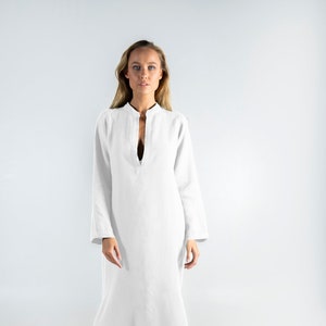 Long Linen Dress EMMA. Bright WHITE long linen shirtdress. Simple, elegant, cool caftan. image 1
