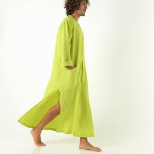 Men’s Linen Kaftan LIME GREEN Long Sleeve Loose Fit Side Split Thobe with Pocket Casual Loungewear Spa Lightweight Tunic Moroccan Robe