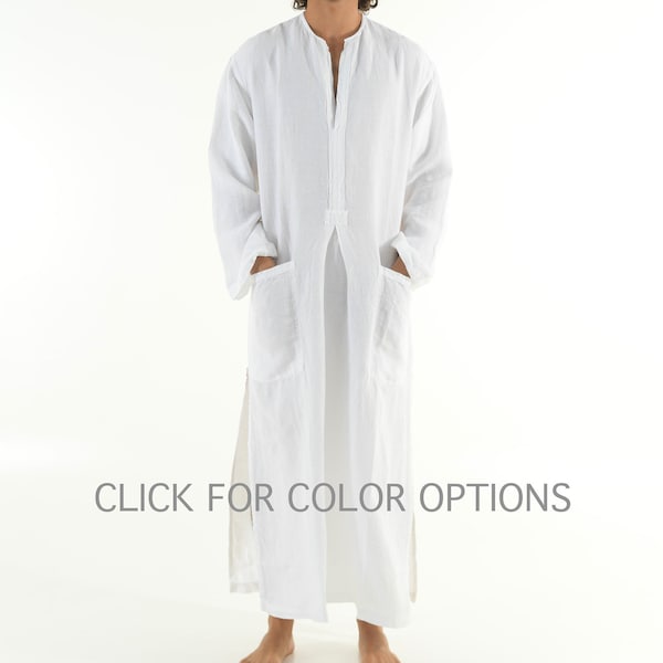 Men’s Linen Kaftan Long Sleeve Loose Fit Side Split Thobe with Pocket Casual Loungewear Spa Lightweight Tunic Moroccan Robe. SPA MAN