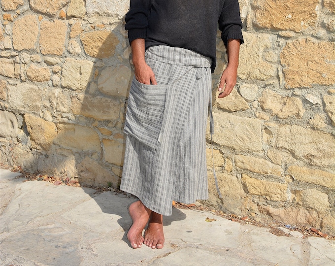 CAPRI. Men's Grey striped pure linen pareo. Loose hanging pocket.
