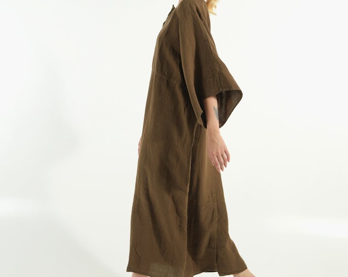 Soft Linen Dress/caftan MYSTIQUE Cocoa BROWN pure linen caftan. Oversized loose fit. ONESIZE. Simple, contemporary, comfortable.