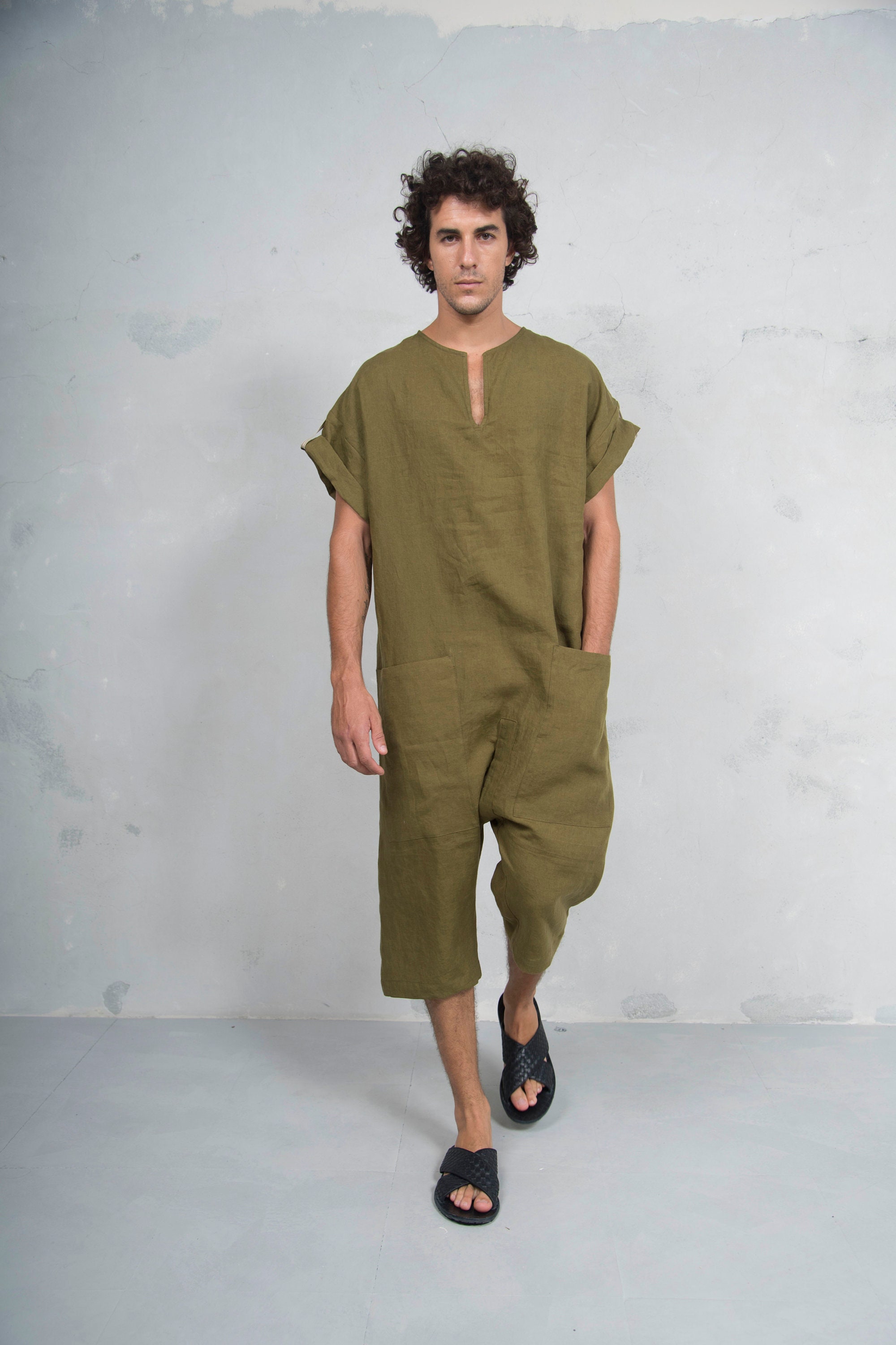 TOKYO SHORT. Mens Green Olive Linen Jumpsuit. Front Pocket. 