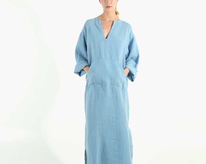 Linen kaftan/dress for woman.JEFF caftan. Glacier BLUE. Soft linen kaftan for women with front pocket. Unique, simple, comfortable.