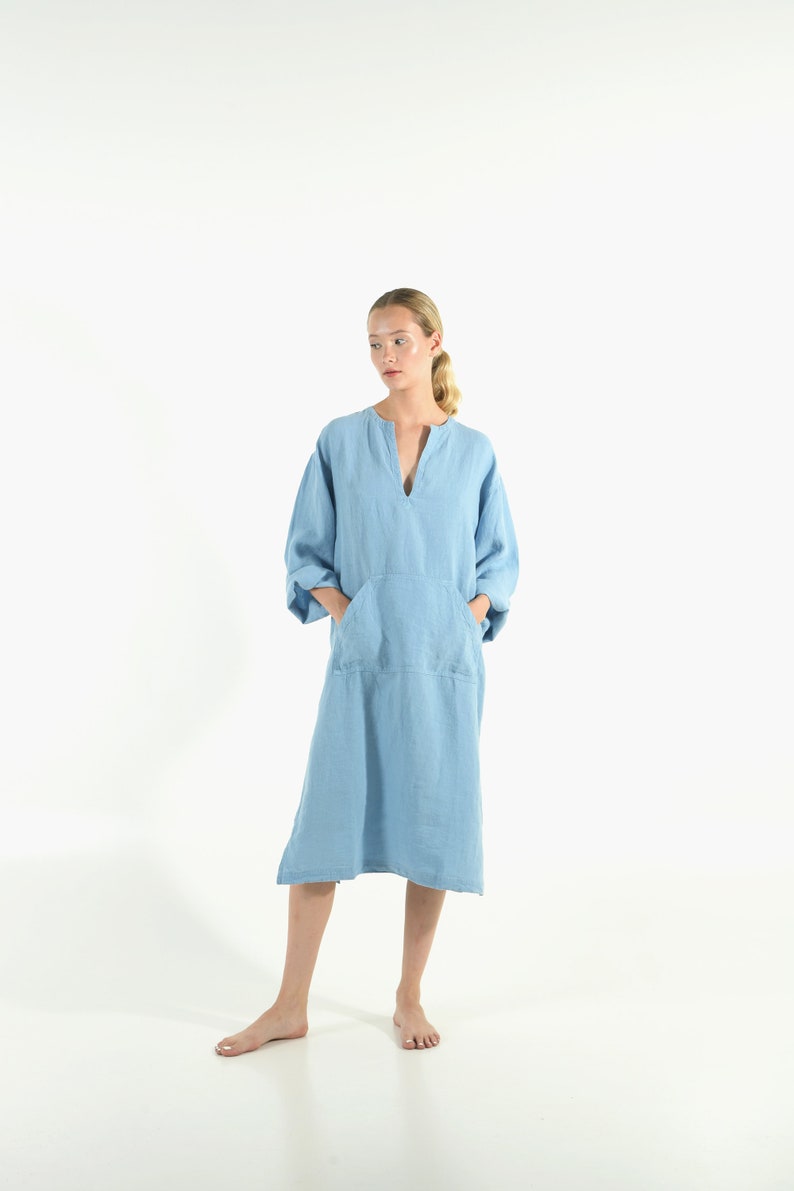 Summer dress blue Linen kurta Dress casual short linen dress linen clothing gift for women pregnancy dress for mother image 3