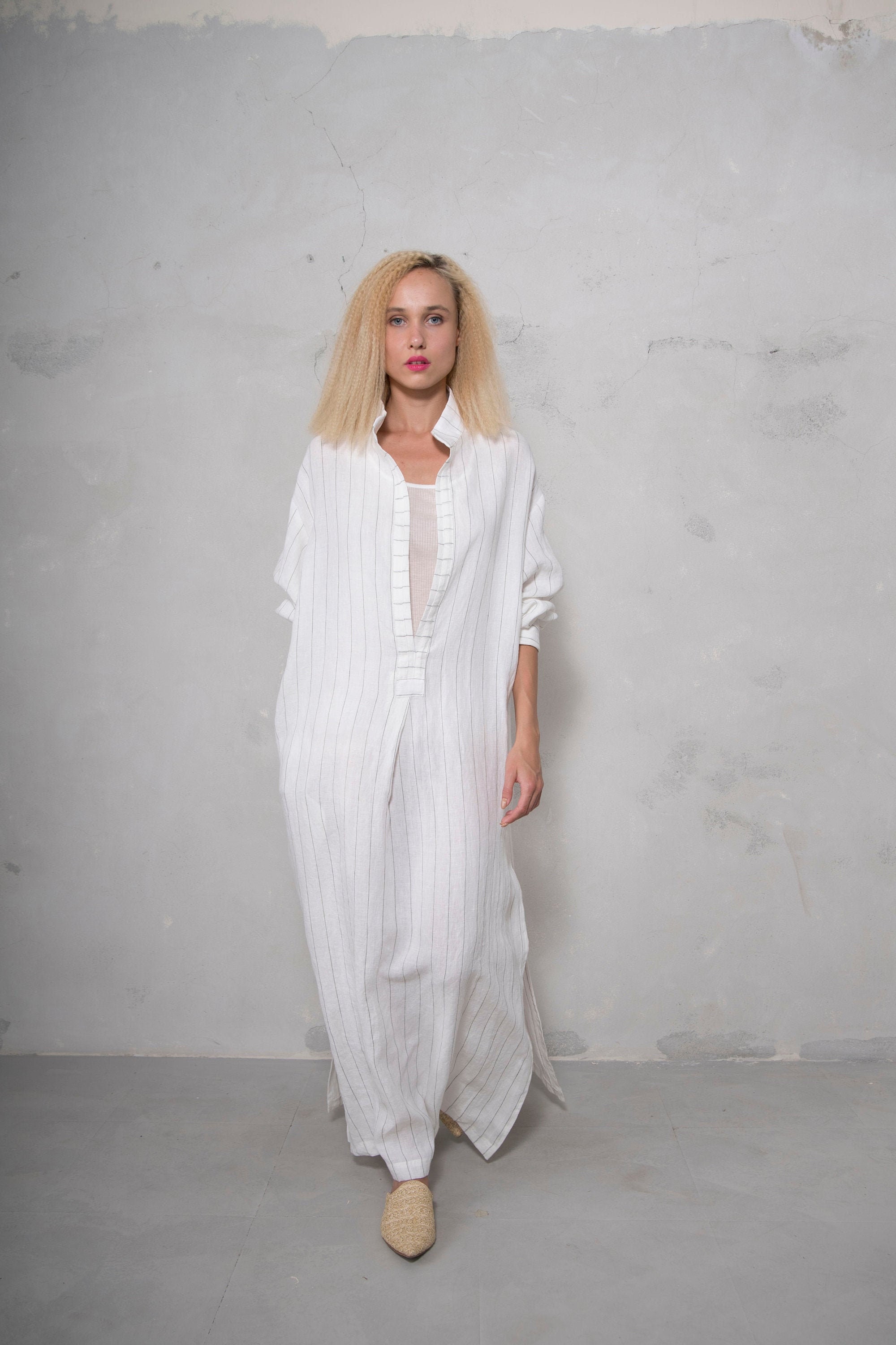 white linen kaftan dress