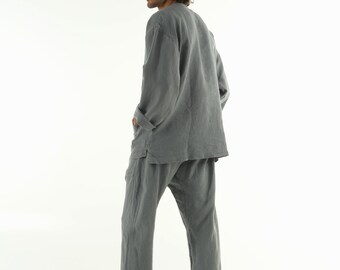 Linen Pants for Men With Pockets SAGE GREY Long Loose Fit - Etsy