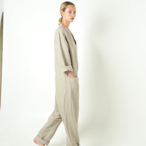 Linen Jumpsuit with Pockets NATURAL BEIGE Oversized Long Overall One Piece Maxi Romper Casual Baggy Modern Outgoing Streetwear image 4