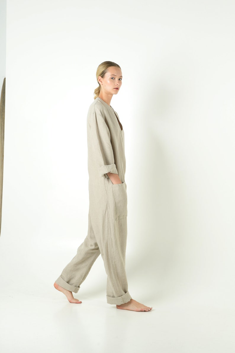 Linen Jumpsuit with Pockets NATURAL BEIGE Oversized Long Overall One Piece Maxi Romper Casual Baggy Modern Outgoing Streetwear image 4