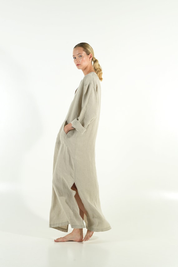 JEFF. Pure voorgewassen linnen kaftan voor dames met voorvak. Uniek minimaal ontwerp. Etsy Belgie