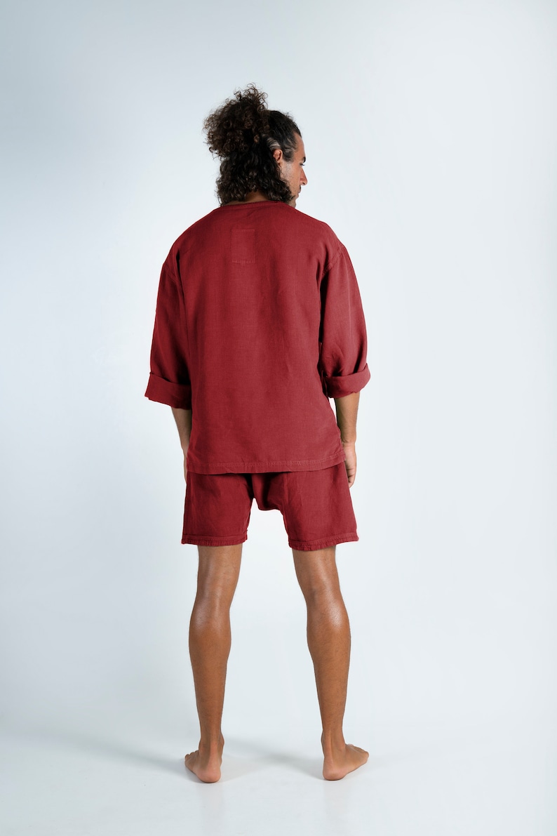 Linen Red Shorts. AMMOS SHORTS. Ancient Red pure linen HAREM Shorts for men. Simple, trendy, comfortable, quality soft linen. image 10