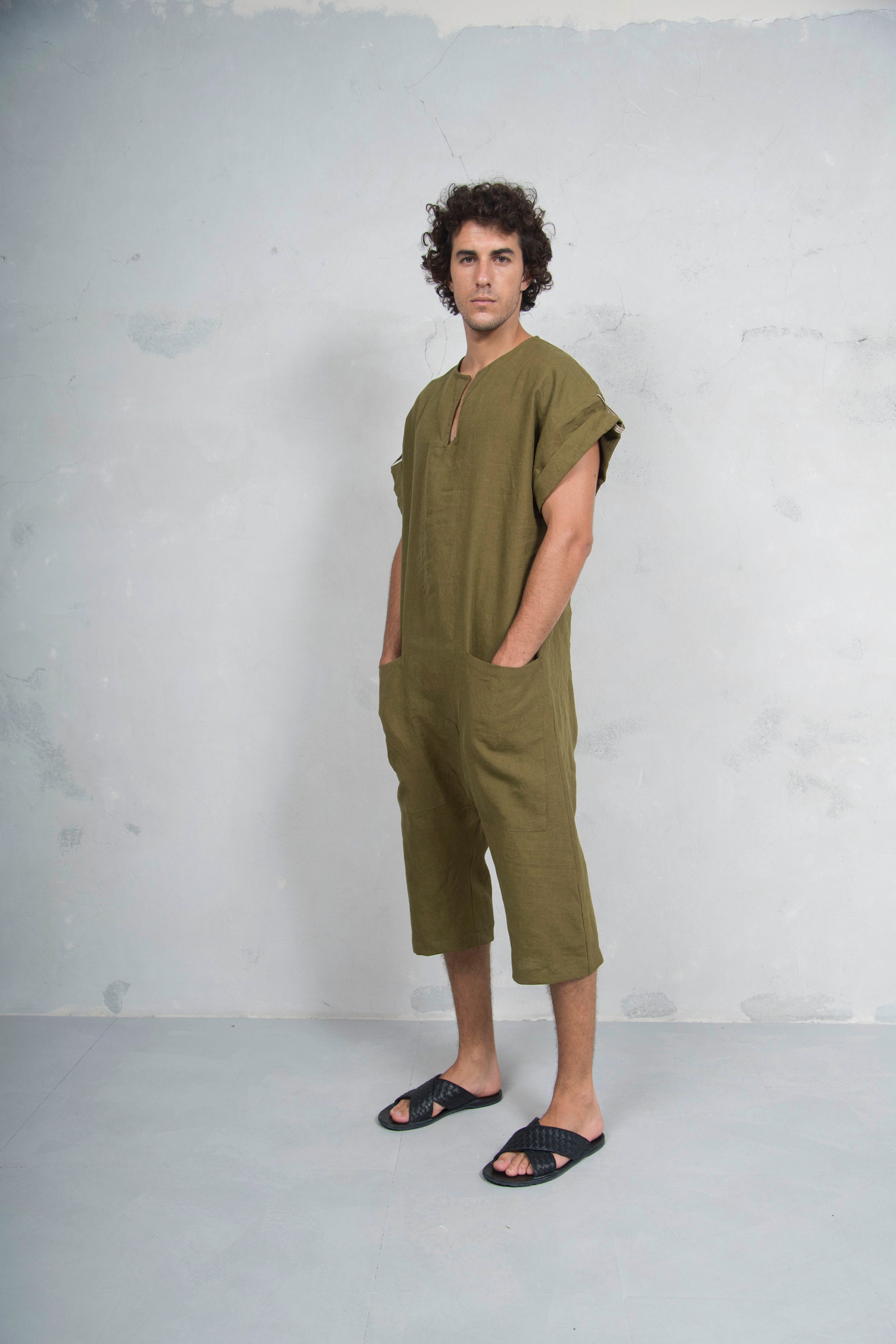 TOKYO SHORT. Mens Green Olive linen jumpsuit. Front pocket. OVERSIZED