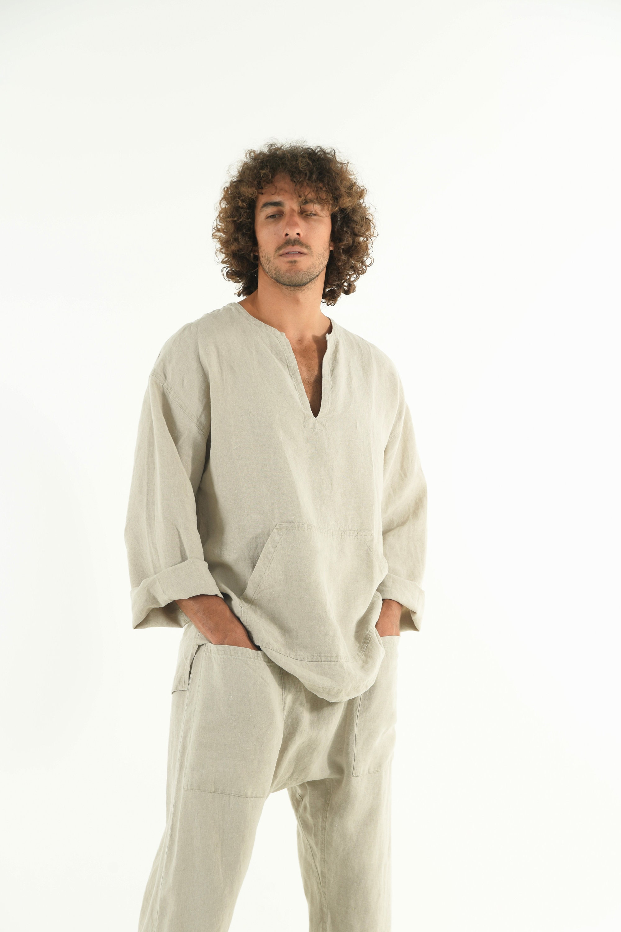 Linen Shirt For Men with Kangaroo Pockets NATURAL BEIGE Long 
