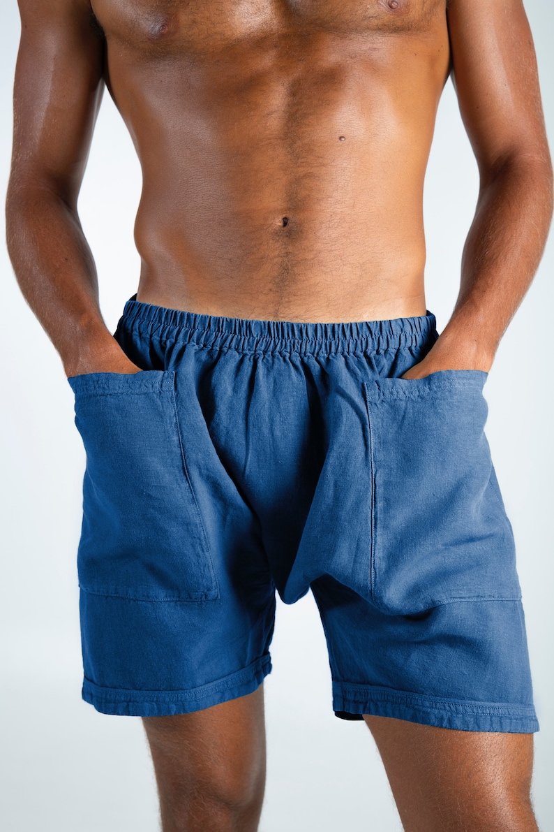 Linen Men's Shorts. AMMOS SHORTS. Blue pure linen HAREM Shorts for men. Simple, trendy, comfortable, quality soft linen. image 2