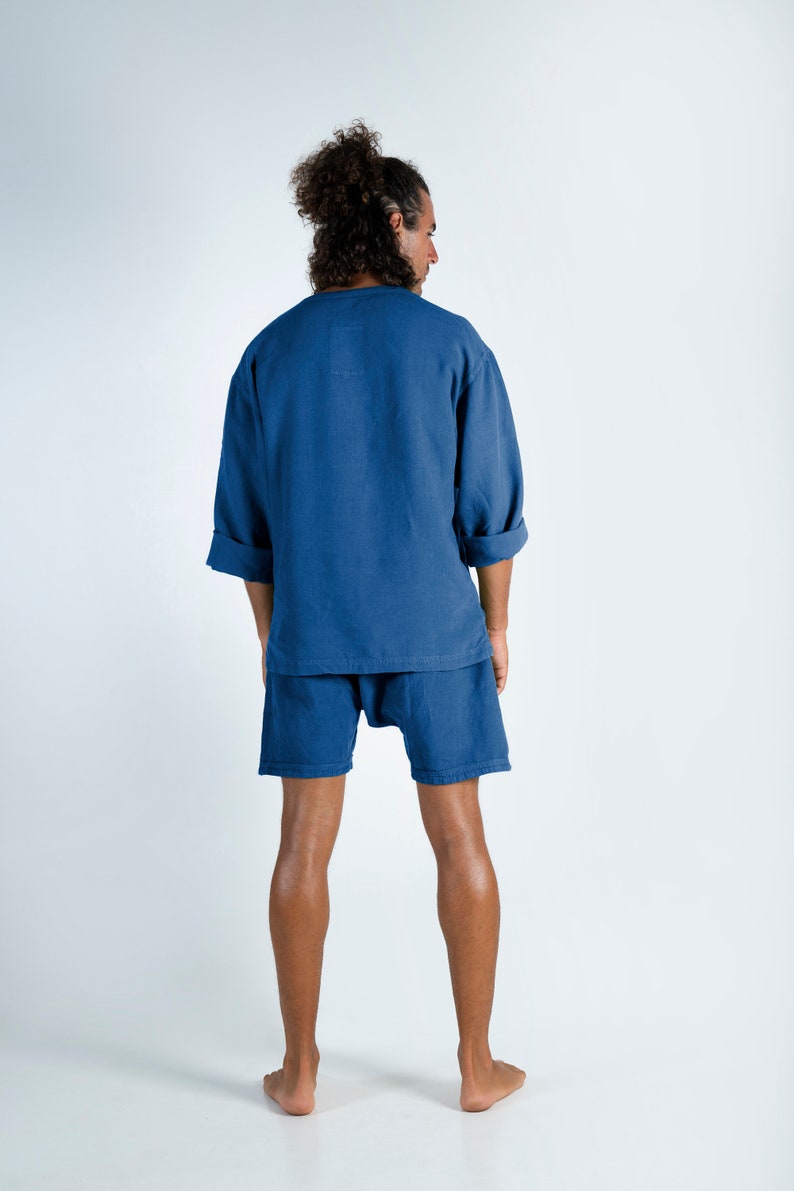 Linen Men's Shorts. AMMOS SHORTS. Blue pure linen HAREM Shorts for men. Simple, trendy, comfortable, quality soft linen. image 5