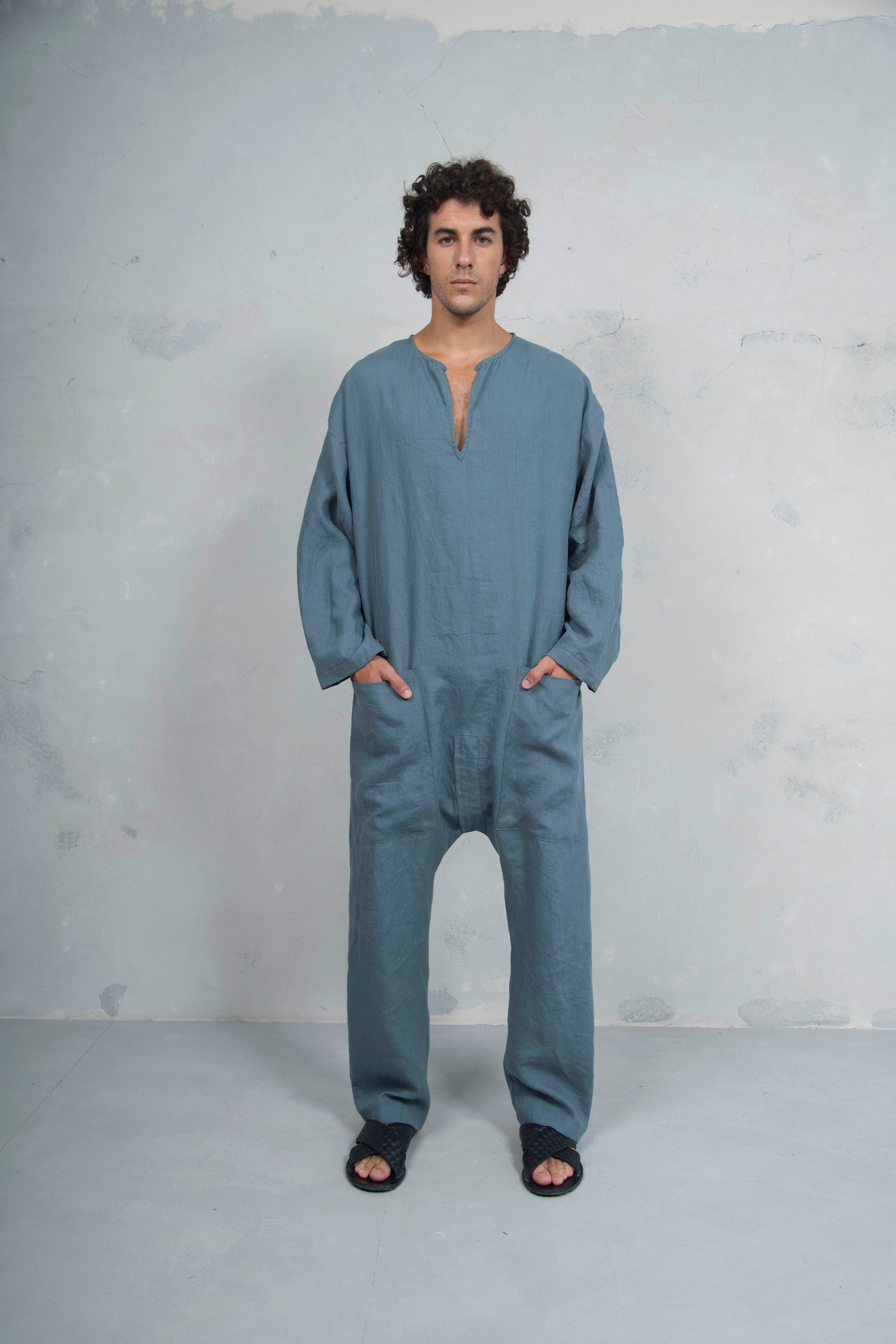 TOKYO LONG. Mens French Blue linen overall. Front pockets.OVERSIZED