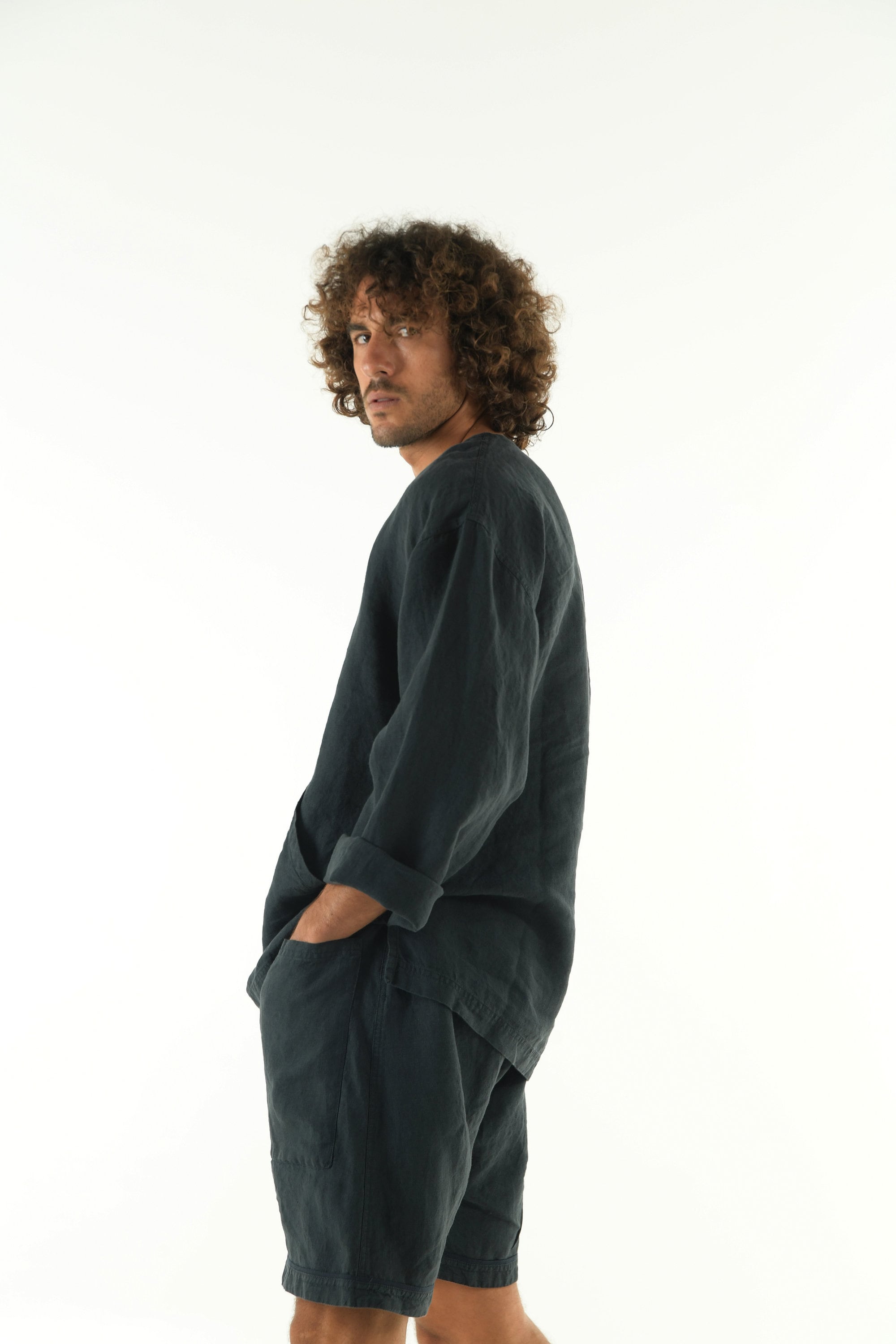 Linen Shirt for Men With Kangaroo Pockets BLACK Long Sleeve Etsy