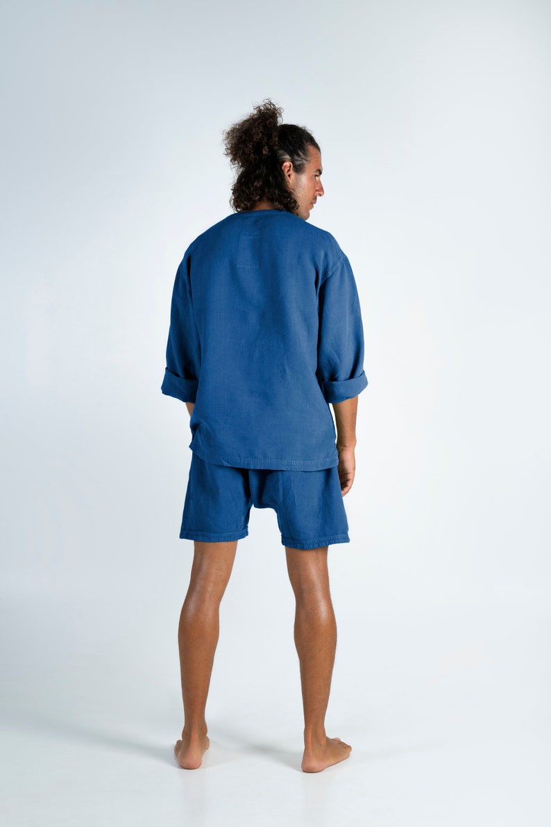 Linen Men's Shorts. AMMOS SHORTS. Blue pure linen HAREM Shorts for men. Simple, trendy, comfortable, quality soft linen. image 7