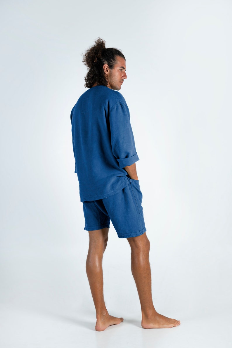 Linen Men's Shorts. AMMOS SHORTS. Blue pure linen HAREM Shorts for men. Simple, trendy, comfortable, quality soft linen. image 6