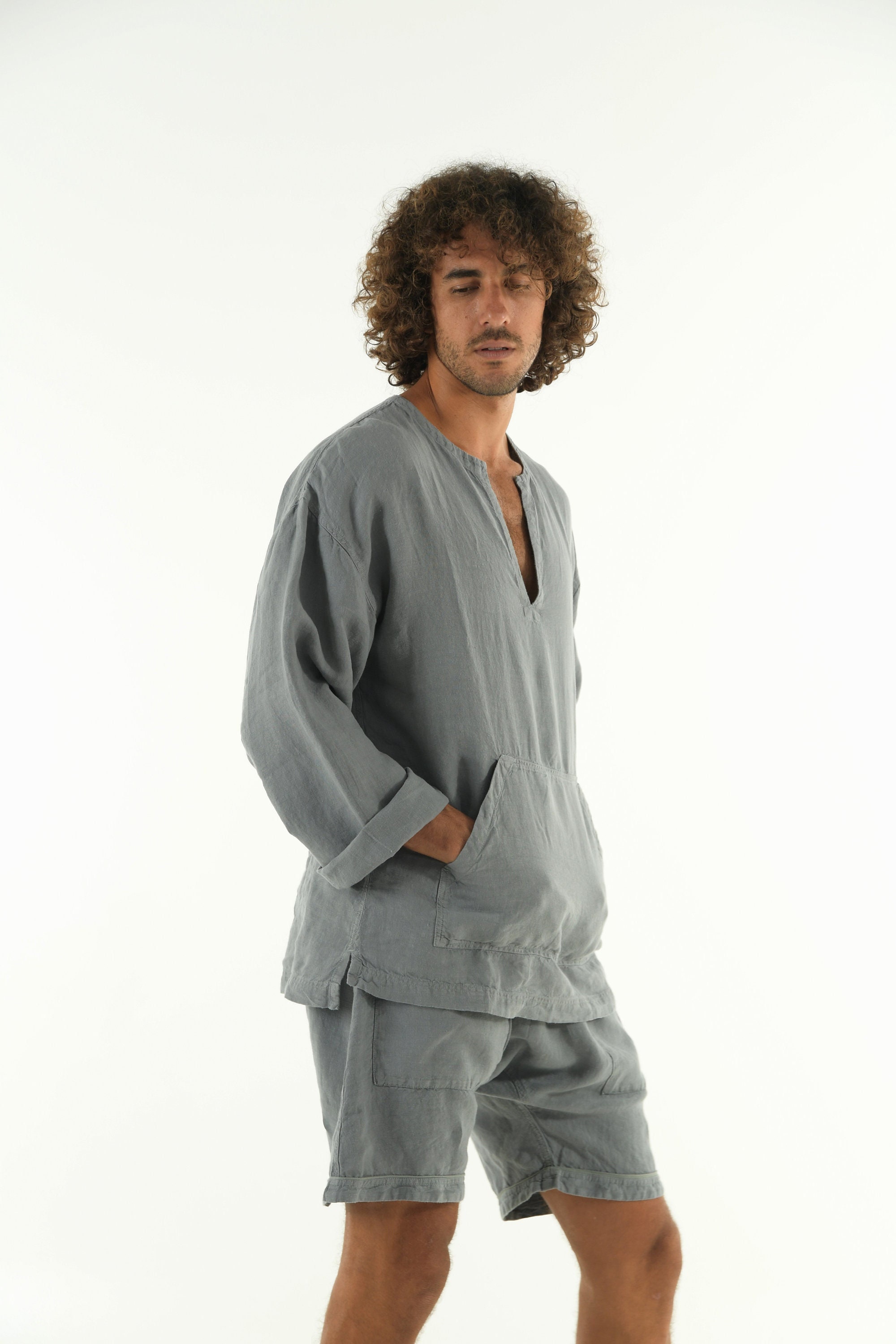 Linen Shirt For Men with Kangaroo Pockets SAGE GREY Long Sleeve Relaxed