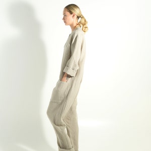 Linen Jumpsuit with Pockets NATURAL BEIGE Oversized Long Overall One Piece Maxi Romper Casual Baggy Modern Outgoing Streetwear image 3