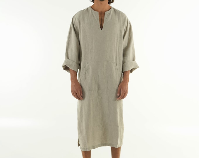 Linen MAN caftan/dress. CLASSICO MIDI. Natural pure linen tunic for men. Simple, contemporary, comfortable design with front pocket.