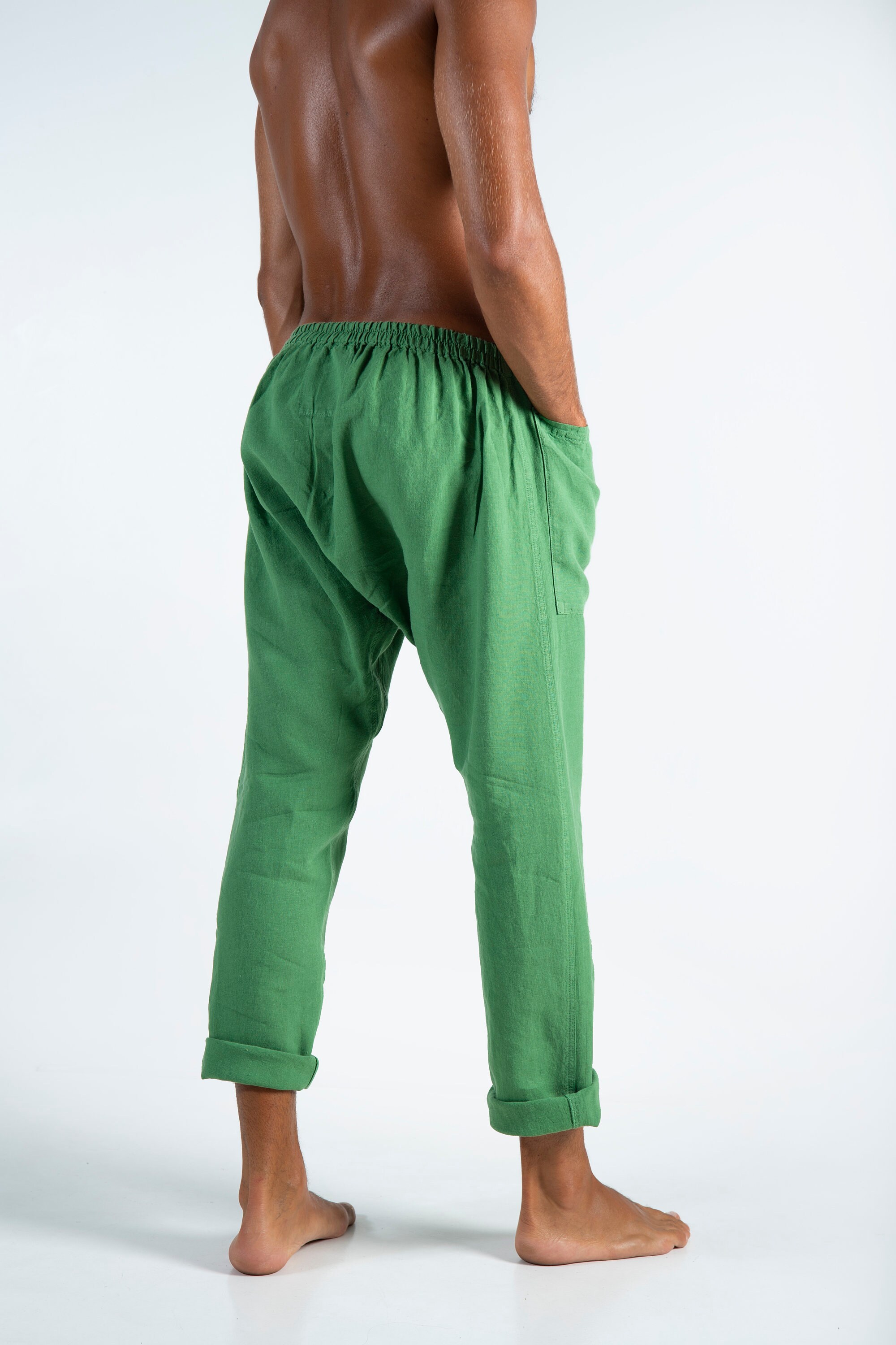 Linen Pants For Men with Pockets ROMAN GREEN Long Loose Fit Elastic ...