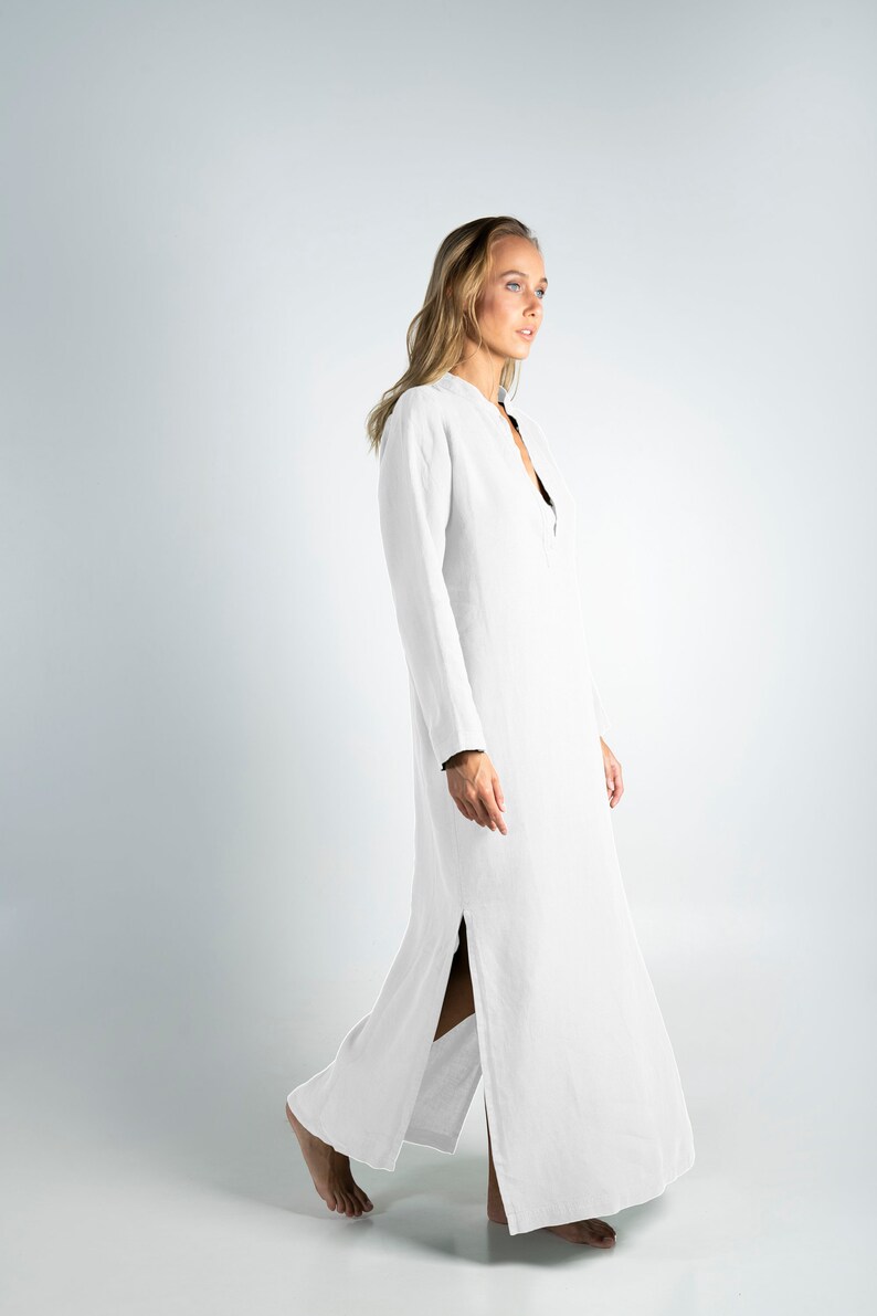 Long Linen Dress EMMA. Bright WHITE long linen shirtdress. Simple, elegant, cool caftan. image 2